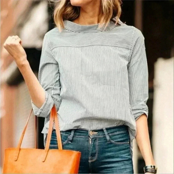 4/$25 J. Crew Top Black White Striped Funnelneck Cotton Poplin Hi Low Sz 00 - Picture 3 of 14